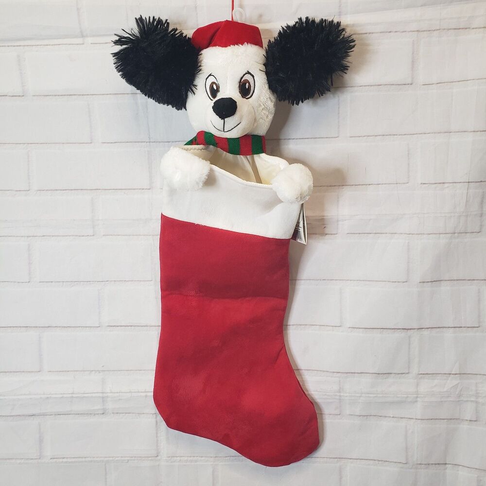 Adorable Musical Animated Flapping Ear Black and White Dog Christmas Stocking